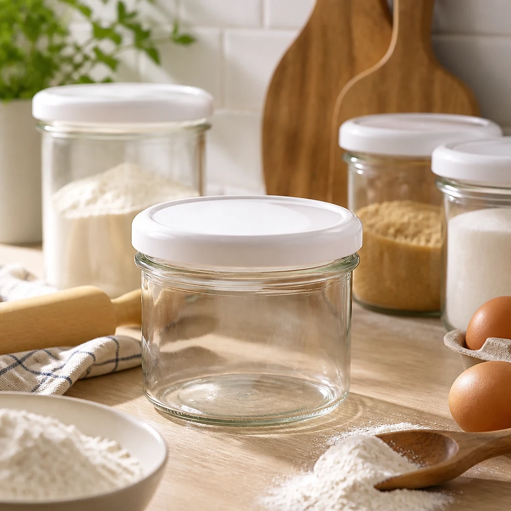 225ml bocal vide avec couvercle BasicSeal dans la cuisine moderne, entre les bocaux de stockage et les ingrédients de cuisson.