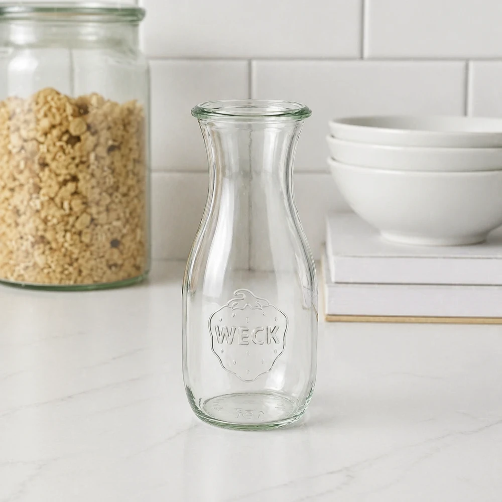 Bouteille à jus WECK RR60 de 530 ml Bouteille de jus de fruits vide WECK 530ml RR60 avec gaufrage fraise dans une cuisine blanche moderne à côté de bocaux à provisions et de coupes
