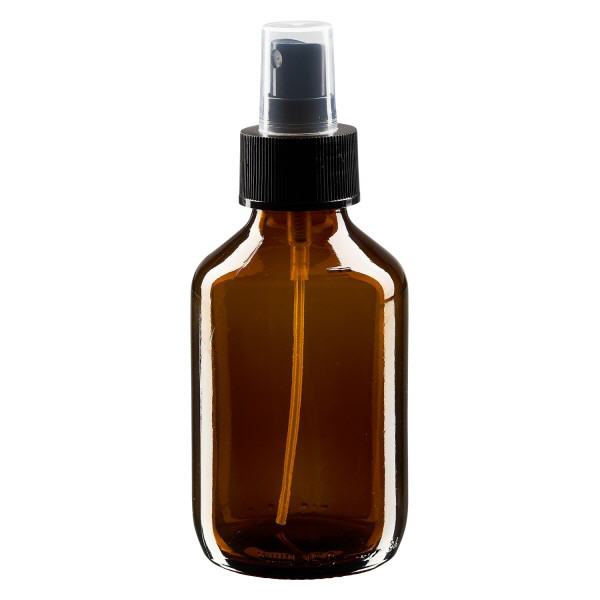 Flacon médical norme européenne de 150 ml avec spray noir GCMI 28/410 et couvercle transparent, standard Flacon médical norme européenne de 150 ml avec spray noir GCMI 28/410 et couvercle transparent, standard
