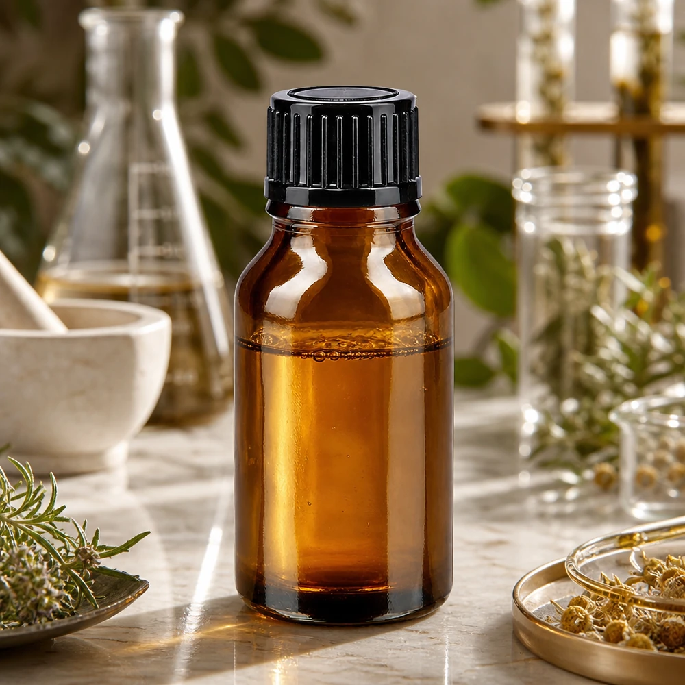 Flacon opacisé de 15 ml en verre brun avec bouchon compte-gouttes noir pour extraits de plantes