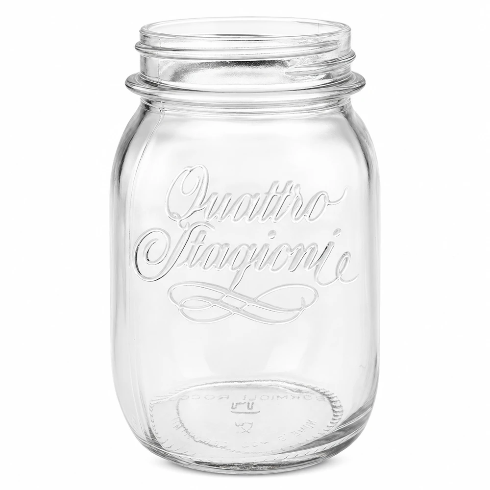 500ml Verre rond "Quattro Stagioni" QS70mm Pot à conserves Quattro Stagioni 500ml en verre transparent avec logo en relief sans couvercle sur fond blanc