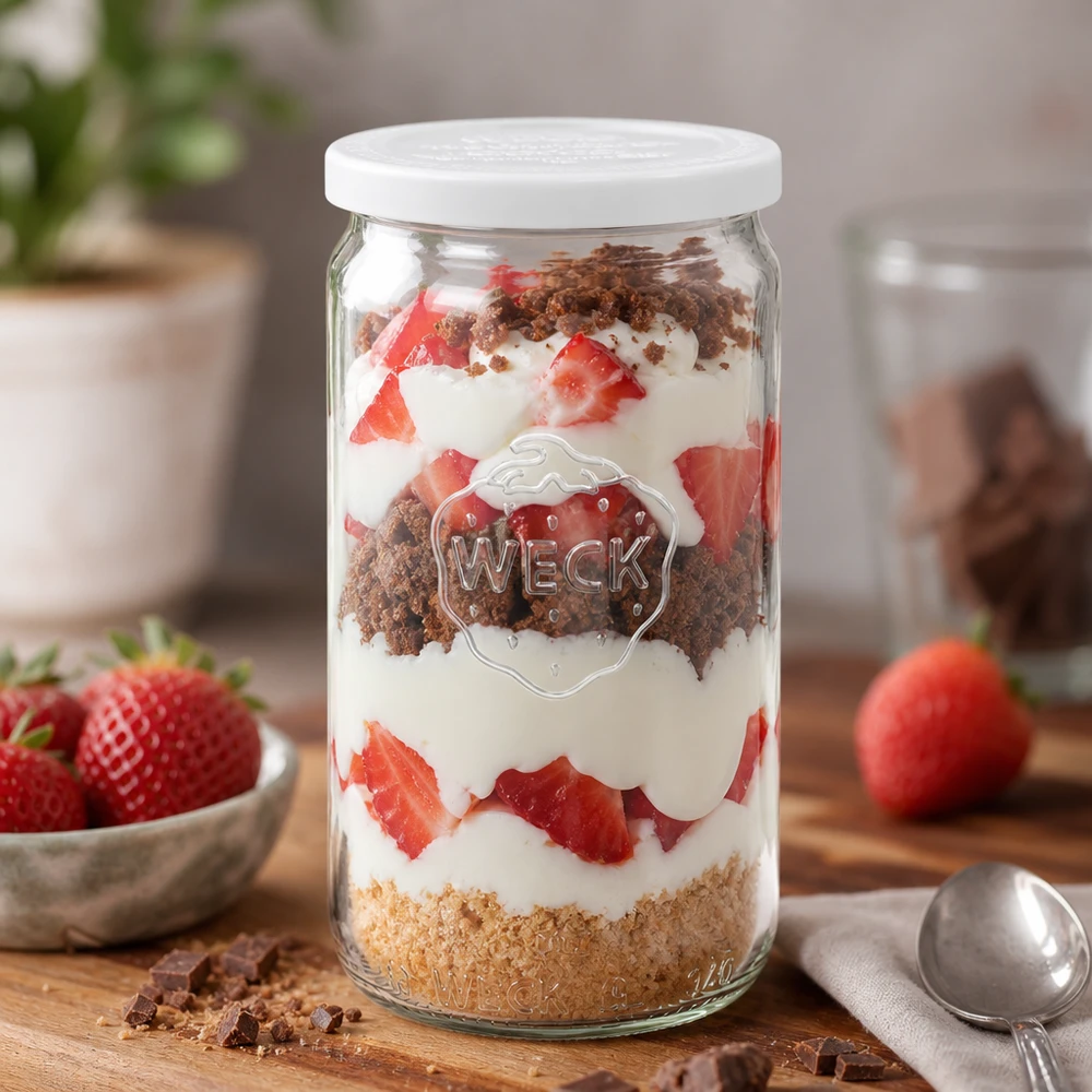 340ml bocal cylindrique avec couvercle fraîcheur WECK RR60 WECK Verre cylindrique 340ml comme verre à dessert avec des fraises et de la crème dessert en couches décoratives