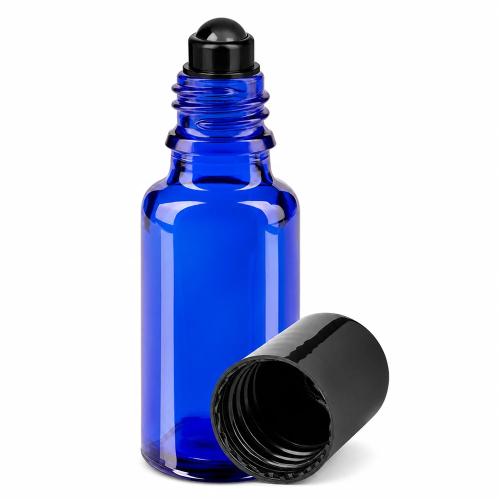 Flacon roll-on bleu de 20 ml en verre de pharmacie, muni d'une bille roulante noire et d'un bouchon à vis