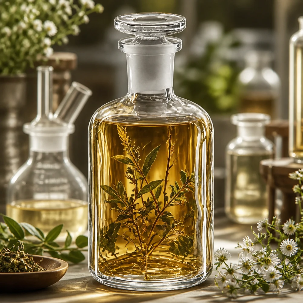 Lot de flacons en verre de laboratoire avec huile aux herbes et bouchons en verre, 100 ml, col étroit, forme à épaulement arrondi, transparent