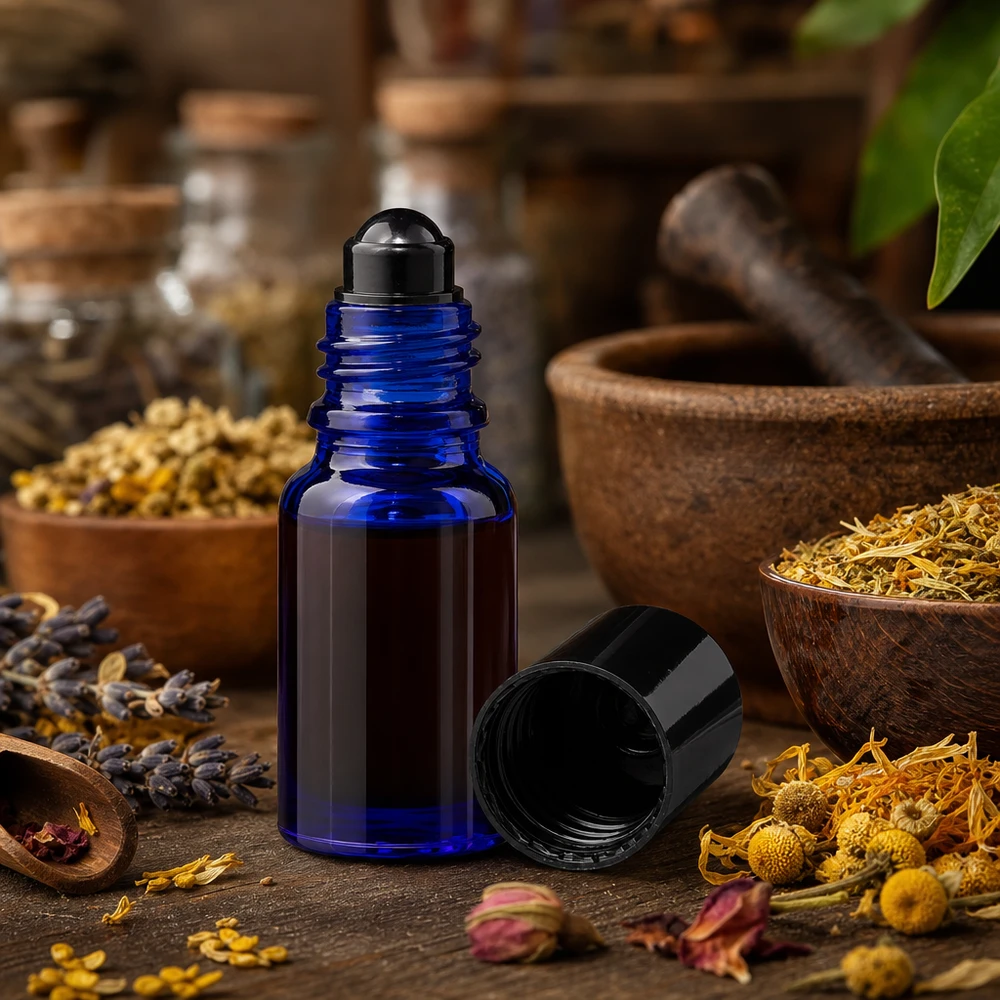 Flacon roll-on ApoGlas bleu de 10 ml contenant des herbes et des fleurs séchées, posé sur un support en bois rustique