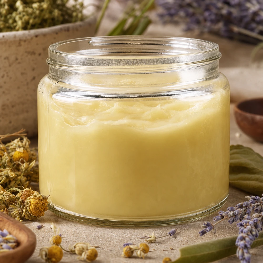 Pot en VERRE clair 250 ml, filetage 83 mm / R3 Glastiegel 250ml mit cremiger gelber Salbe gefüllt umgeben von Kamillenblüten und Lavendel natürliche Hautpflege
