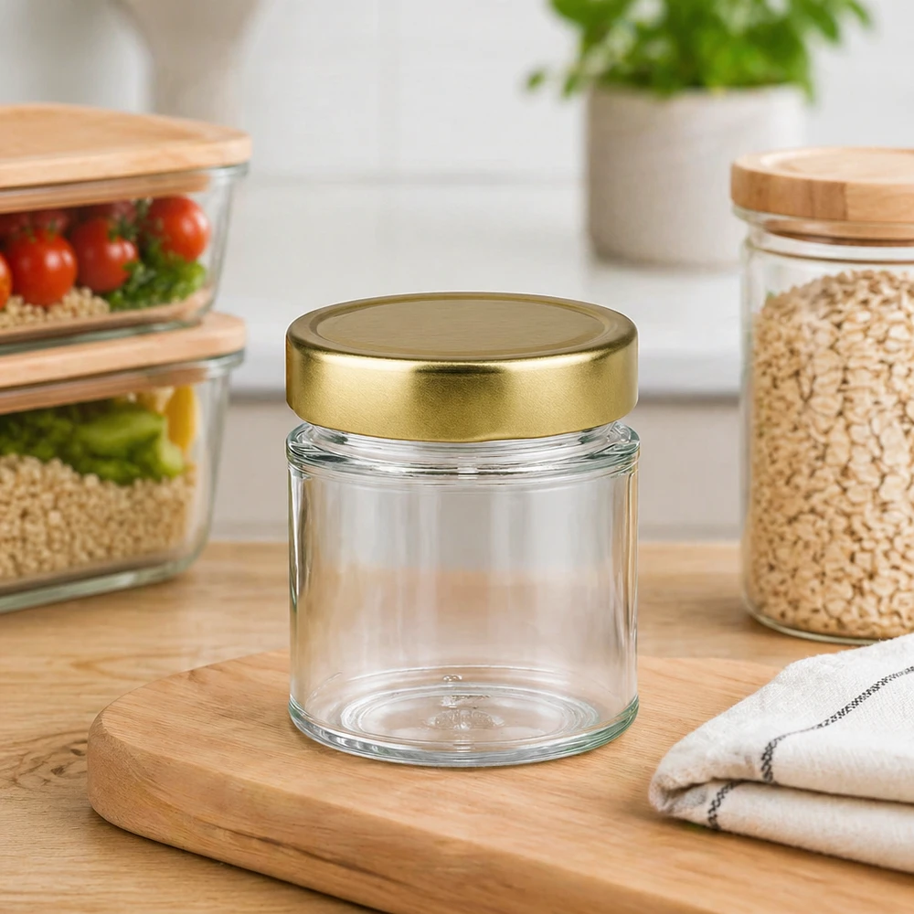 154ml Verre rond avec couvercle BasicSeal or UNiTWIST 154ml pot rond avec couvercle doré vide sur planche en bois dans cuisine moderne avec bocaux de conservation