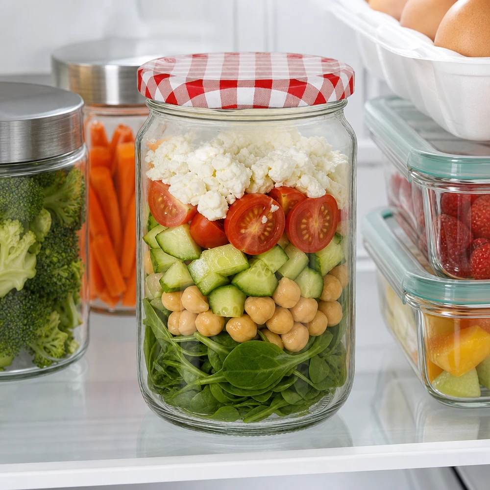 Bocal rond de 795 ml avec couvercle BasicSeal comme récipient Meal Prep avec salade, pois chiches et feta au réfrigérateur