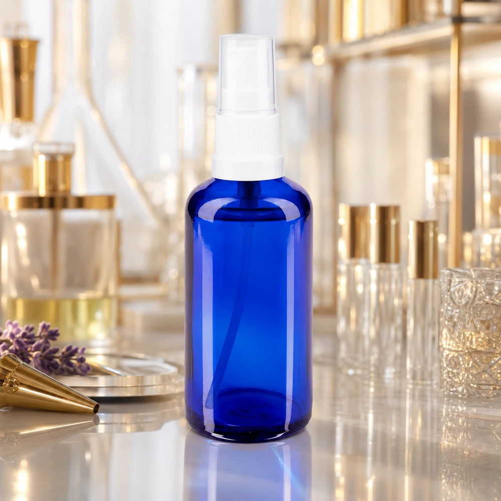 Flacon pulvérisateur en verre d'apothicaire bleu cobalt de 50 ml avec pompe blanche dans un laboratoire de parfumerie