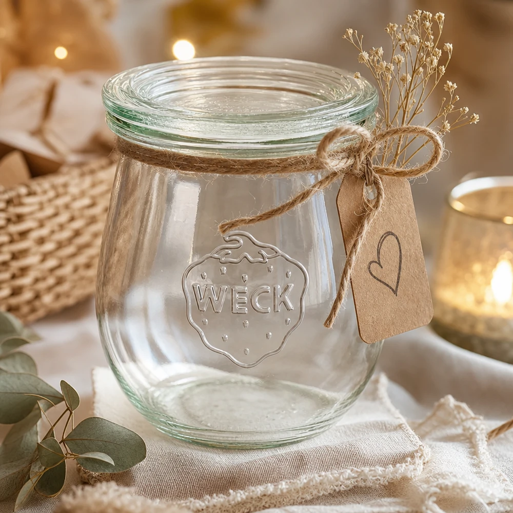 Bocal en forme de tulipe de 220 ml avec couvercle en verre WECK RR60 WECK Pot tulipe 220ml RR60 décoratif avec corde de jute Pendentif en papier kraft et fleurs séchées comme idée de cadeau