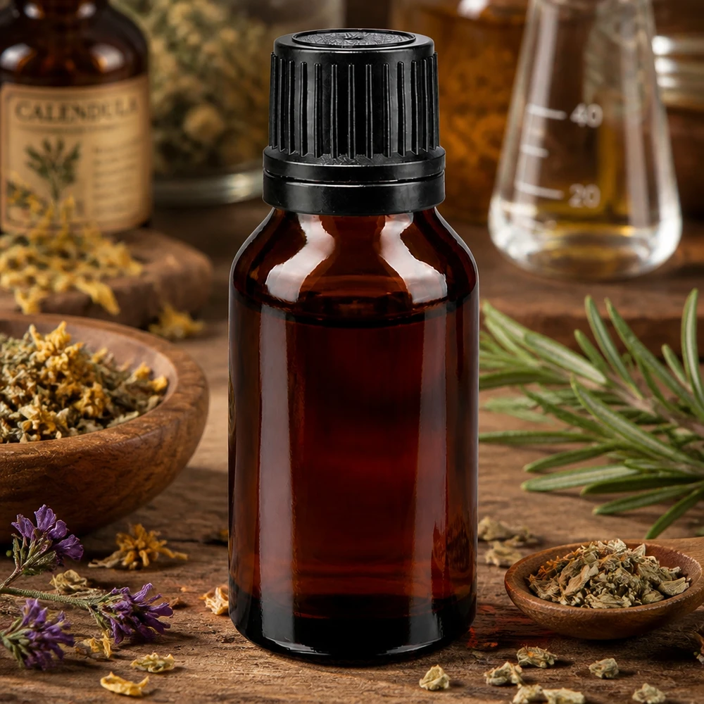 Flacon de pharmacie avec protection UV, 15 ml, en verre ambré avec bouchon à vis, entre le romarin et les plantes médicinales