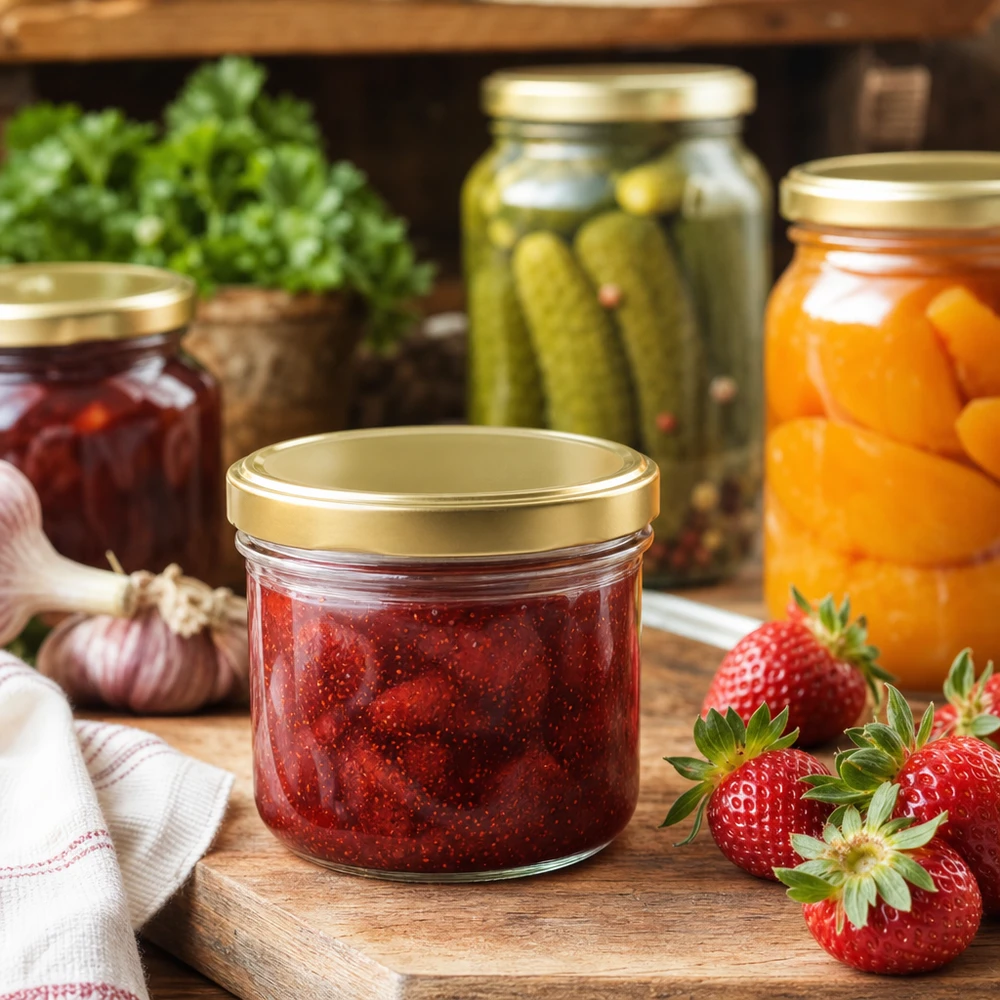260ml Verre conique avec couvercle BasicSeal or UNiTWIST 260ml pot renversé avec confiture de fraise et couvercle BasicSeal or UNiTWIST dans cuisine rustique avec bocaux