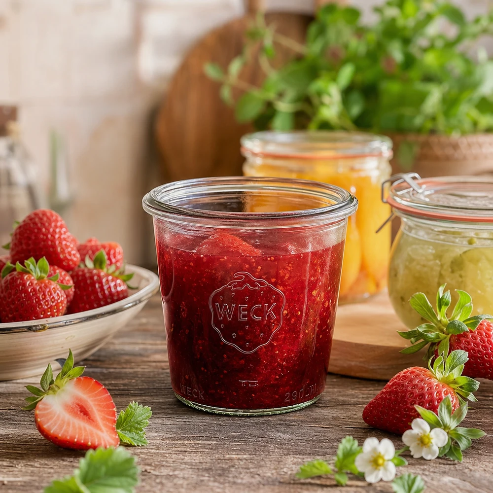 290ml WECK Pot renversé RR80 rempli de confiture de fraises à côté de fraises fraîches sur table en bois cuisine rustique