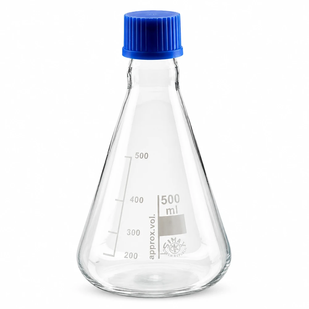 Fiole graduée de 500 ml avec échelle en millilitres et capuchon en plastique bleu