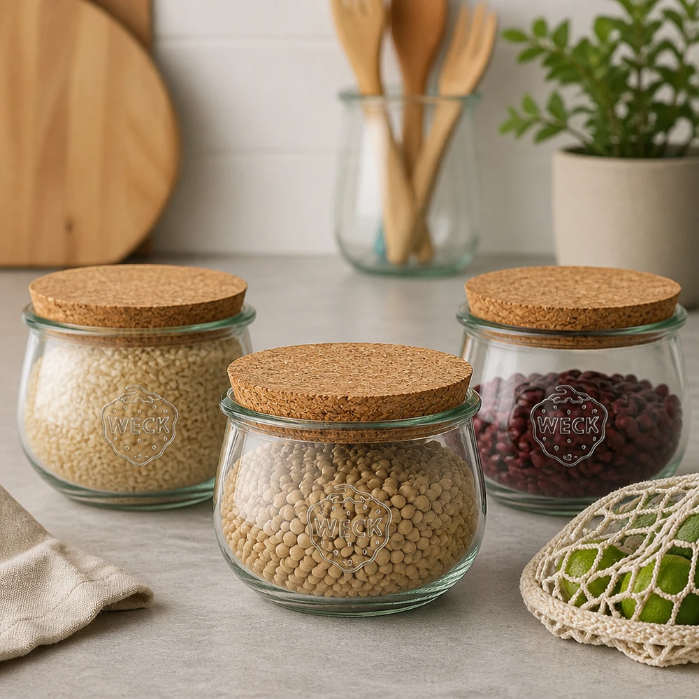 WECK Pots tulipes RR100 580ml avec couvercle en liège comme bocaux de stockage pour les légumineuses et les céréales dans la cuisine