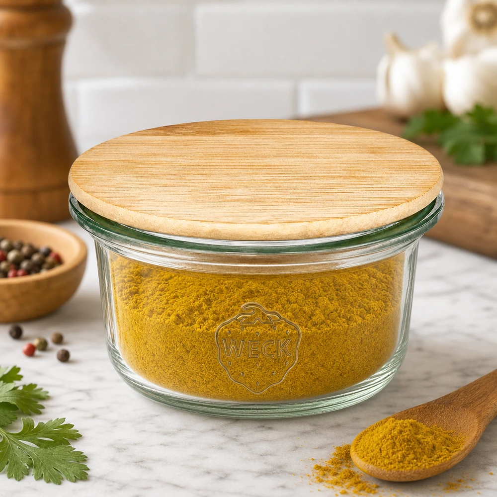 Mini bocal de 50ml WECK RR60 avec couvercle en bois WECK Mini pot renversé 50ml avec couvercle en bois rempli de poudre d'épices jaune dans une cuisine moderne avec des herbes aromatiques