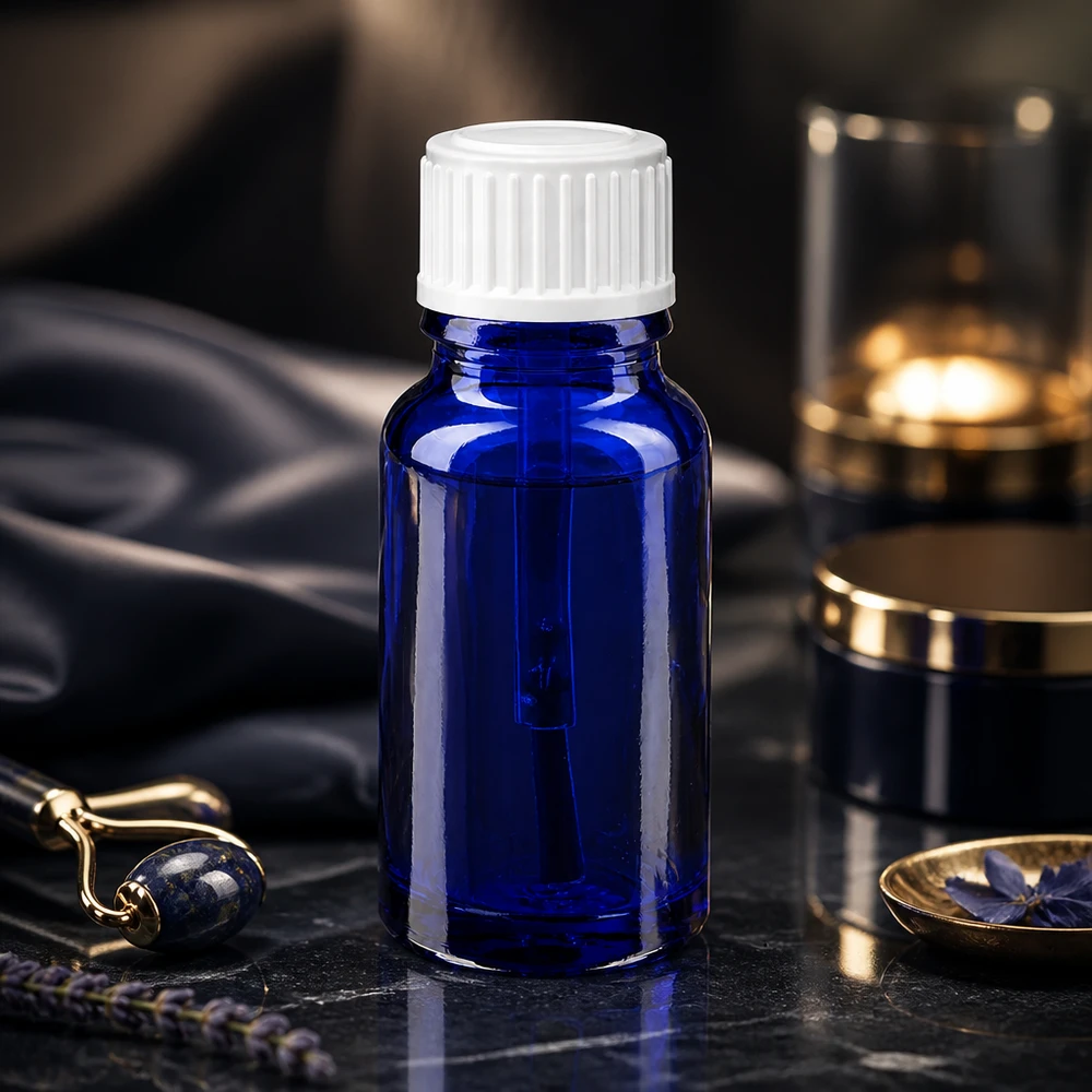 Flacon de pharmacie bleu 10ml bouchon vissable blanc pinceau Flacon en verre STD bleu foncé de 10 ml avec bouchon pinceau blanc, destiné à des applications cosmétiques