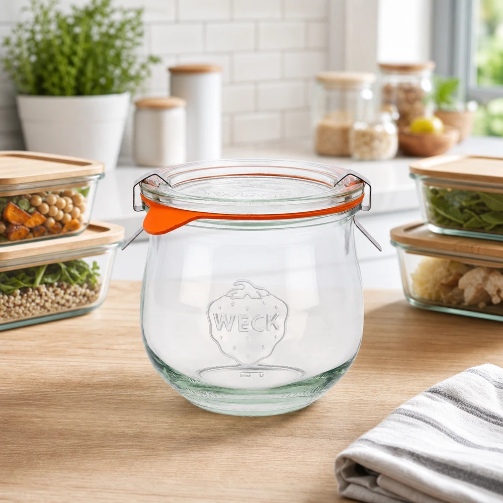 WECK Pot tulipe 370ml RR80 avec fermeture à étrier sur plan de travail en bois dans une cuisine moderne entre des bols en verre
