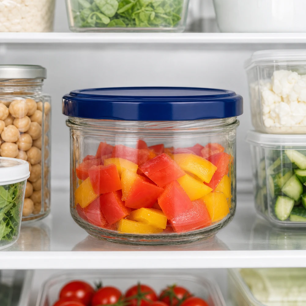 Verre renversé BasicSeal bleu de 260 ml rempli de morceaux de poivrons dans le réfrigérateur - conservation pratique des légumes
