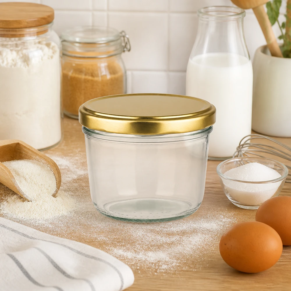 Verre renversé de 230 ml avec couvercle doré dans la cuisine entre les ingrédients de cuisson comme la farine, le lait et les œufs sur une planche en bois