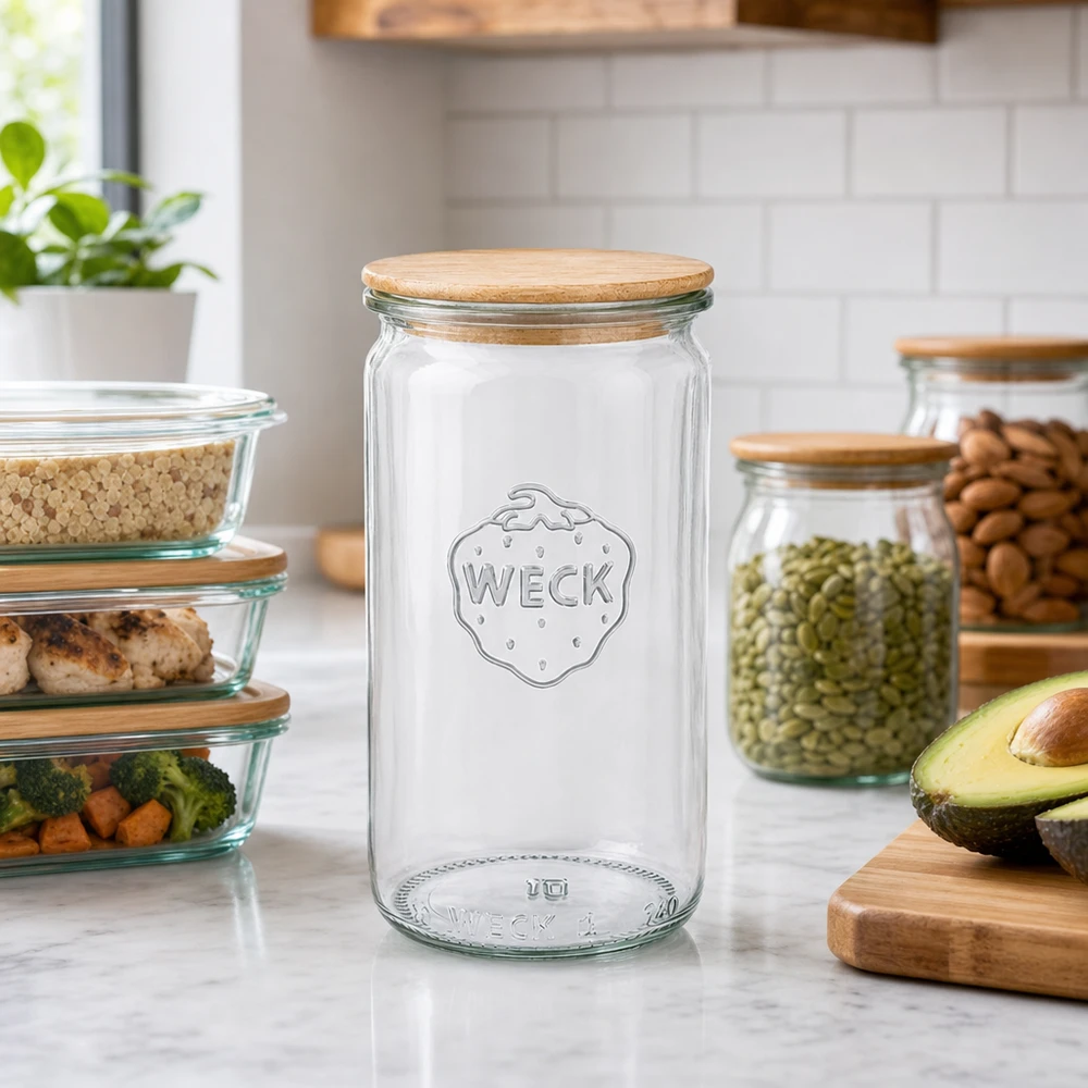 340ml bocal cylindrique WECK RR60 avec couvercle en bois WECK Pot cylindrique 340ml RR60 avec couvercle en bois dans l'ambiance de la cuisine à côté des récipients Meal-Prep et des boîtes à provisions