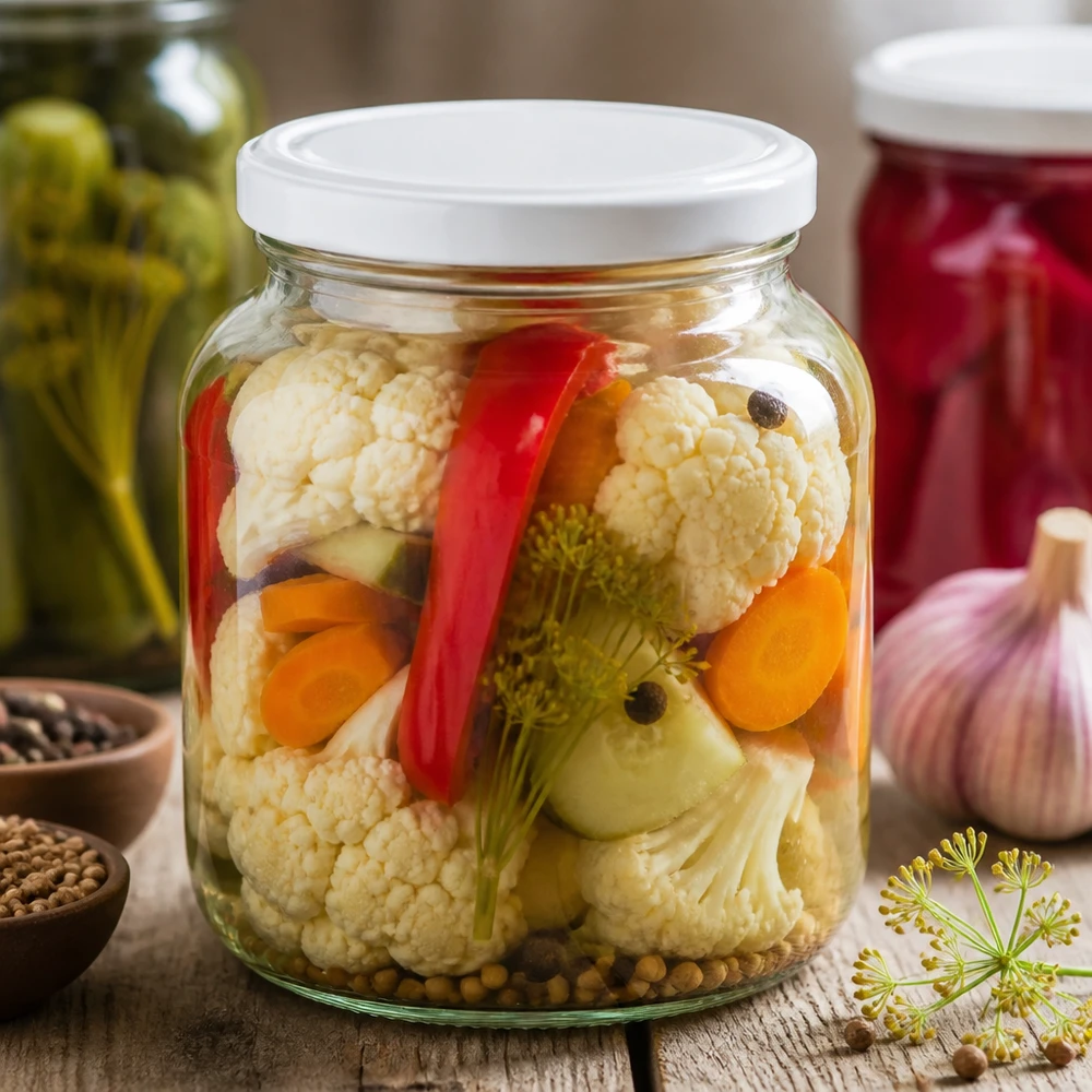 370ml Verre ovale avec couvercle BasicSeal blanc UNiTWIST 370ml Pot ovale UNiTWIST avec couvercle blanc rempli de légumes marinés Chou-fleur Carottes pour la conservation