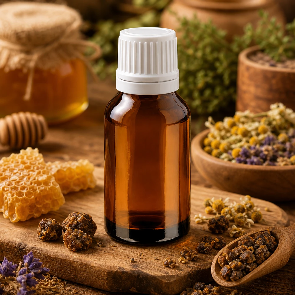 Flacon compte-gouttes marron de 15 ml avec bouchon blanc, entre le miel en rayons et les herbes séchées