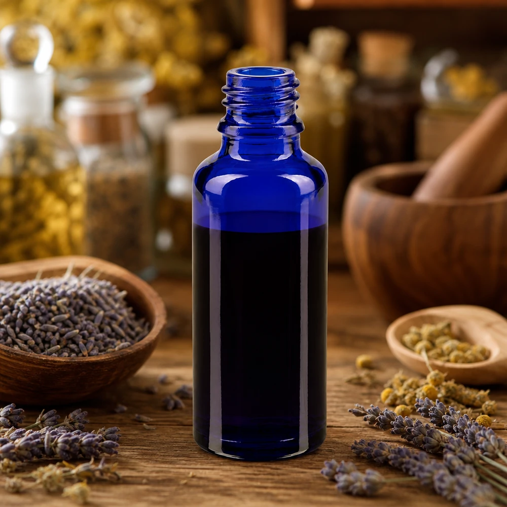 Flacon compte-gouttes pour pharmacie 30 ml DIN18 - verre bleu Flacon bleu ApoGlas de 30 ml, entre la lavande, la camomille et un mortier en bois, dans une ambiance rustique aux accents d'herbes aromatiques