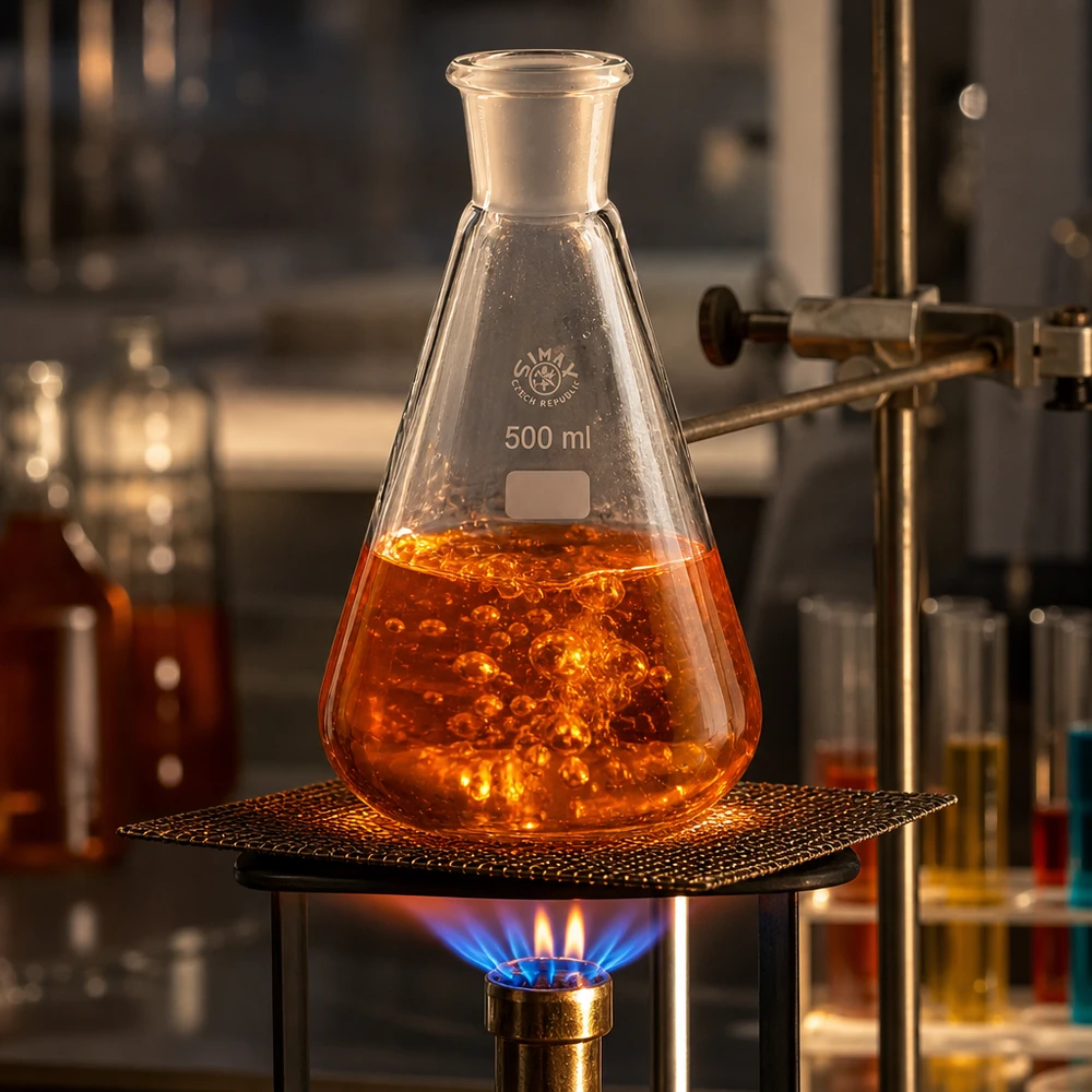 Essai professionnel en laboratoire avec erlenmeyer de 500 ml et apport de chaleur contrôlé