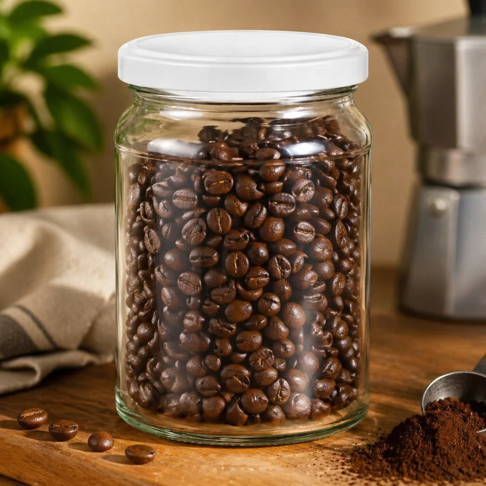 205ml Verre rond avec couvercle BasicSeal blanc UNiTWIST Bocal rond UNiTWIST de 205 ml rempli de grains de café - bocal de stockage hermétique pour le café et les aliments secs