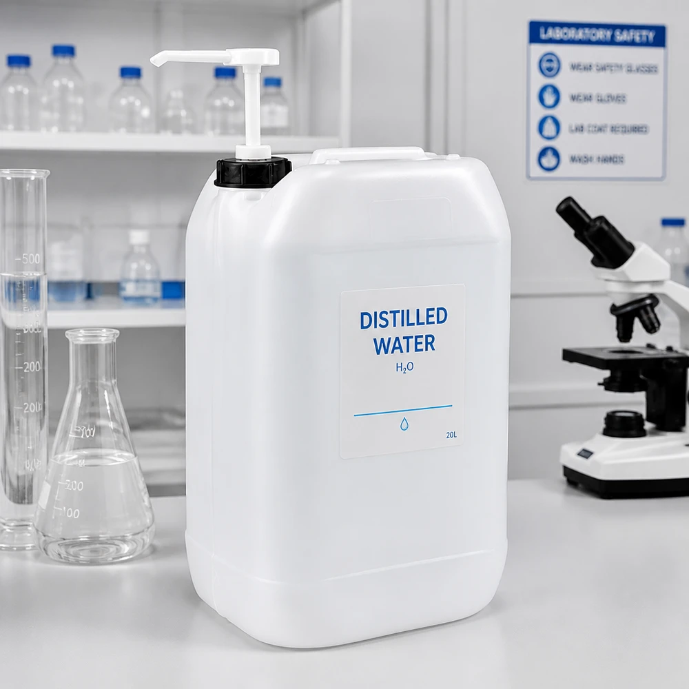 Bidon de 15 litres équipé d'une pompe doseuse, dans un environnement de laboratoire, à côté d'un microscope et d'un flacon d'Erlenmeyer