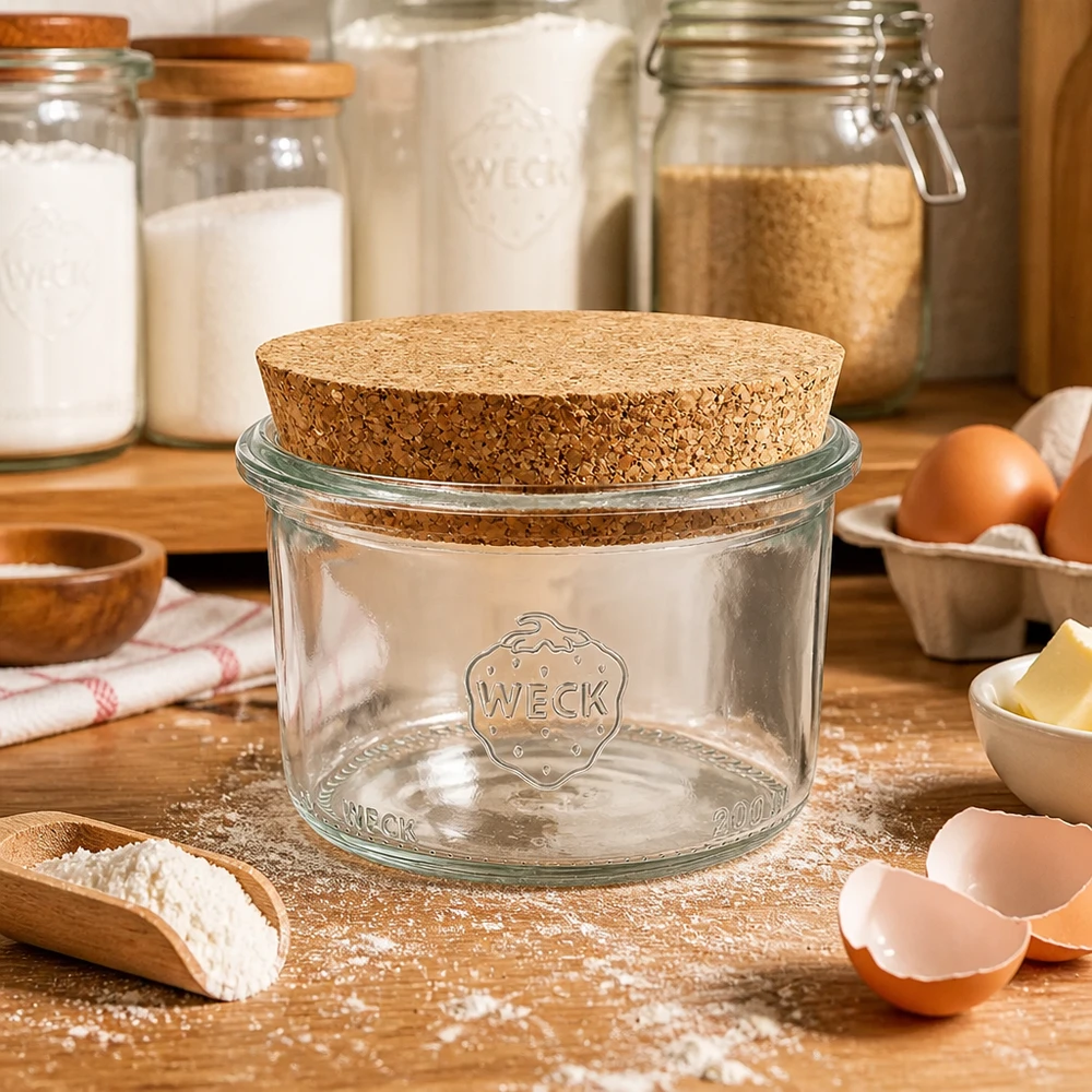 WECK Pot renversé 200ml RR80 avec couvercle en liège sur plan de travail en bois entouré d'ingrédients de cuisson farine œufs et beurre