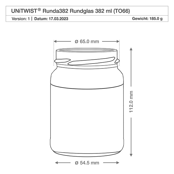 382ml Verre rond sans couvercle (TO66) UNiTWIST UNiTWIST Runda382 verre rond 382ml TO66 dessin technique avec dimensions diamètre 65mm hauteur 112mm poids 185g