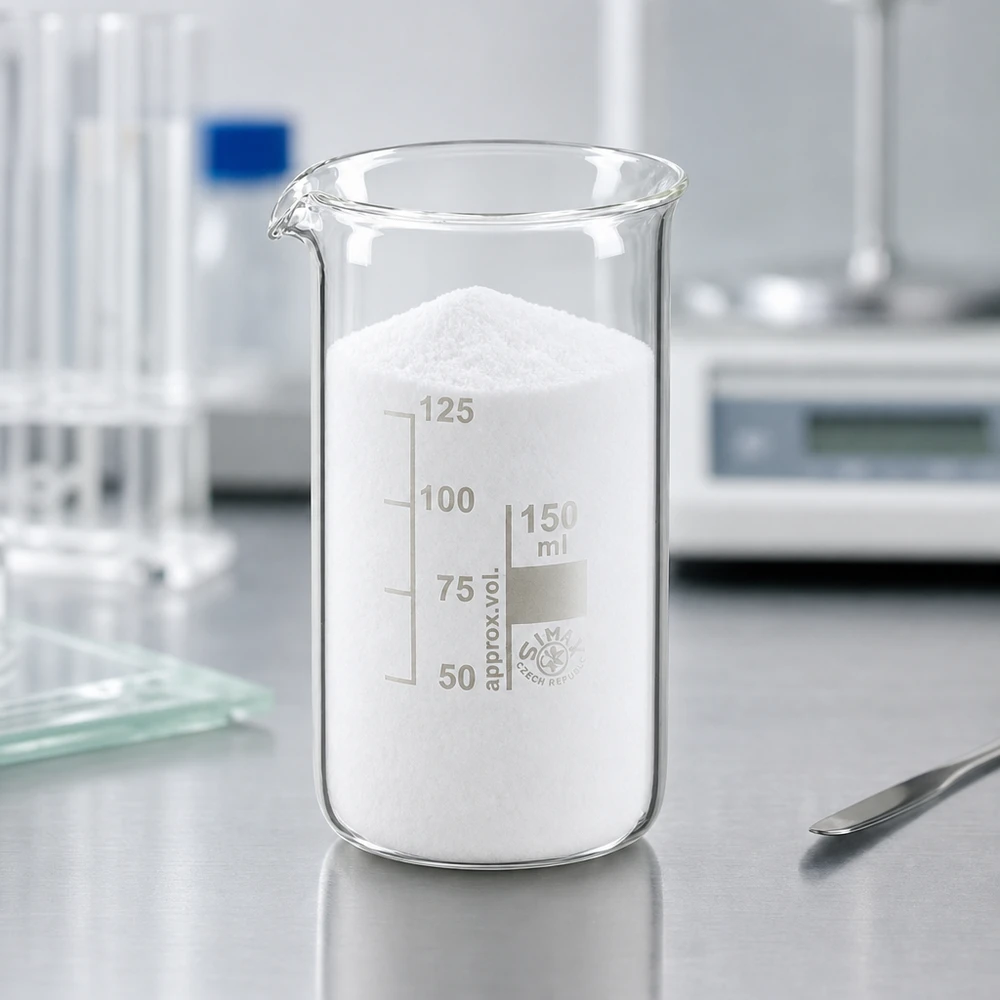 Bécher 150ml en verre borosilicate résistant à la chaleur (forme haute) Bécher de 150 ml, de forme haute, rempli de poudre blanche, posé sur un plan de travail de laboratoire en acier inoxydable