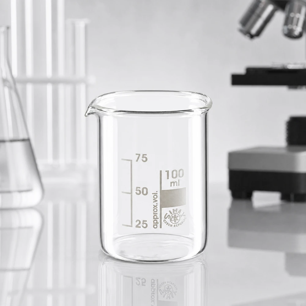 Bécher transparent 100ml forme basse en verre borosilicaté pour les applications chimiques en laboratoire