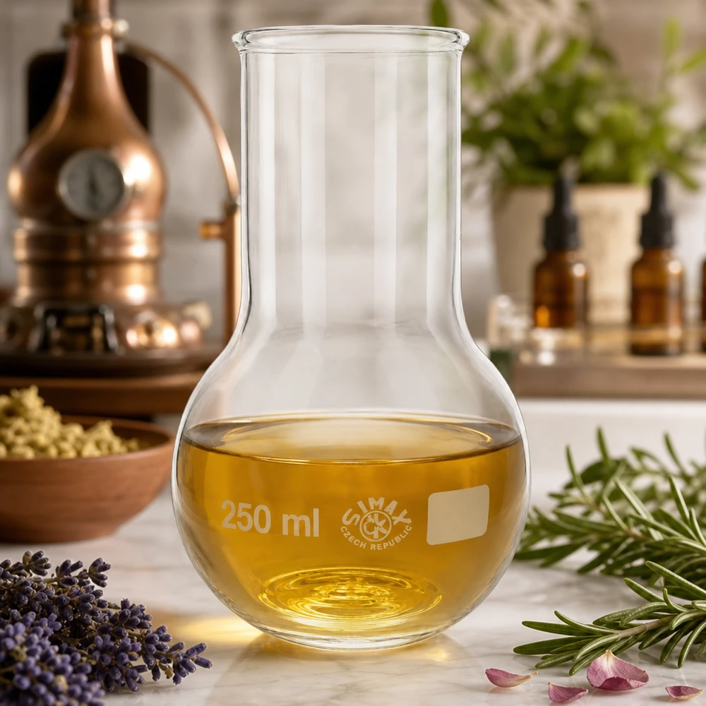 Ballon en verre 250ml col large avec huiles essentielles entourées de lavande et de romarin