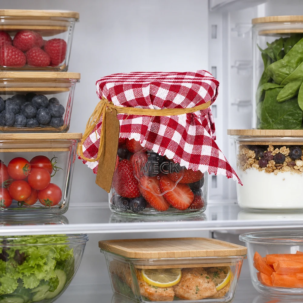 Réfrigérateur avec bocaux à provisions et couvercle en tissu à carreaux bordeaux 15cm - des aliments frais organisés avec style