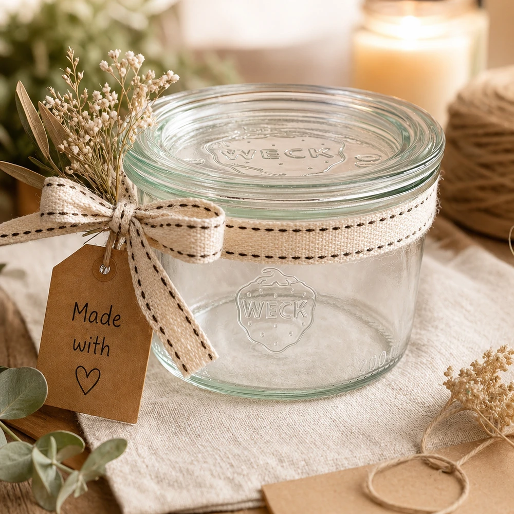 WECK Verre renversé 200ml RR80 décoré comme cadeau avec ruban et pendentif Made with Love