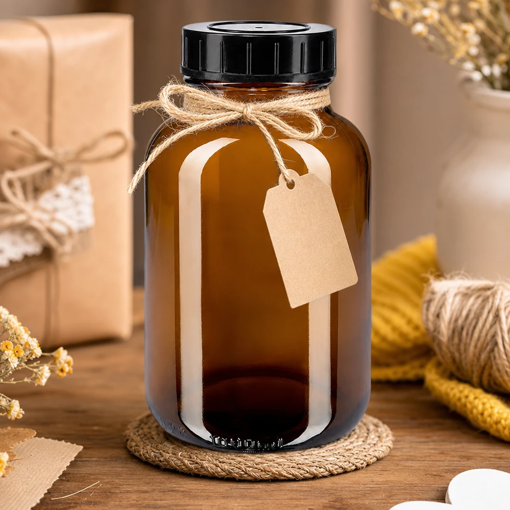 Bocal à col large en verre ambré 1000 ml + couvercle à vis Bouteille en verre brun de haute qualité à col large 1000ml avec protection UV et bouchon à vis pratique