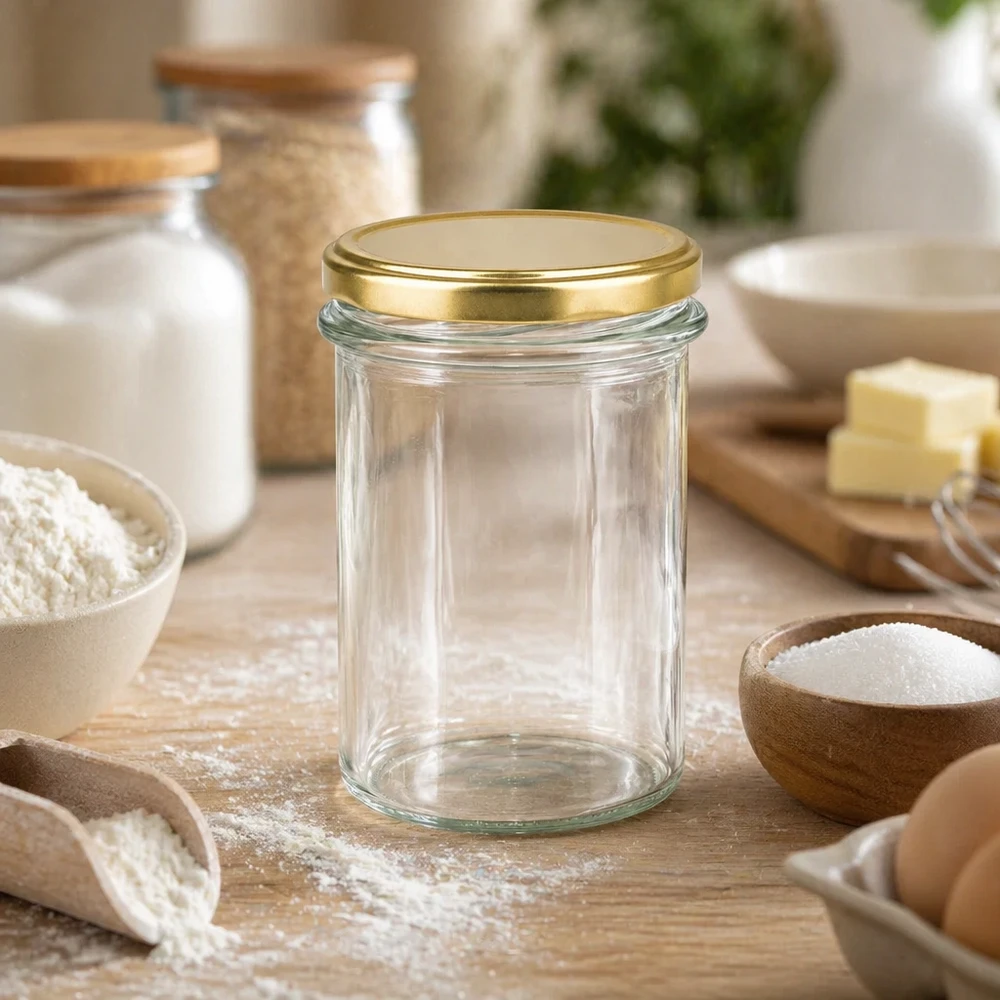 230ml Verre conique avec couvercle BasicSeal or UNiTWIST Verre plongeant vide de 230 ml avec couvercle doré BasicSeal UNiTWIST dans la cuisine entouré d'ingrédients de pâtisserie et de bols en bois