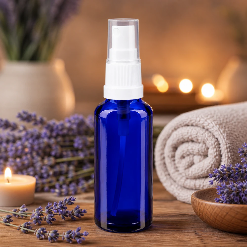 Petit flacon vaporisateur de 30 ml en verre d'apothicaire bleu cobalt offrant une protection contre les UV, muni d'un vaporisateur blanc