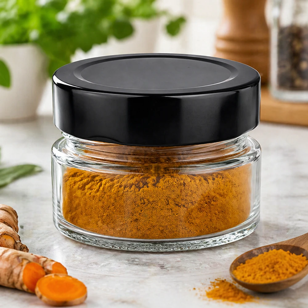 80ml Verre rond avec couvercle BasicSeal noir UNiTWIST Bocal rond de 80ml avec couvercle BasicSeal noir rempli de poudre de curcuma Épices Environnement culinaire Exemple d'utilisation