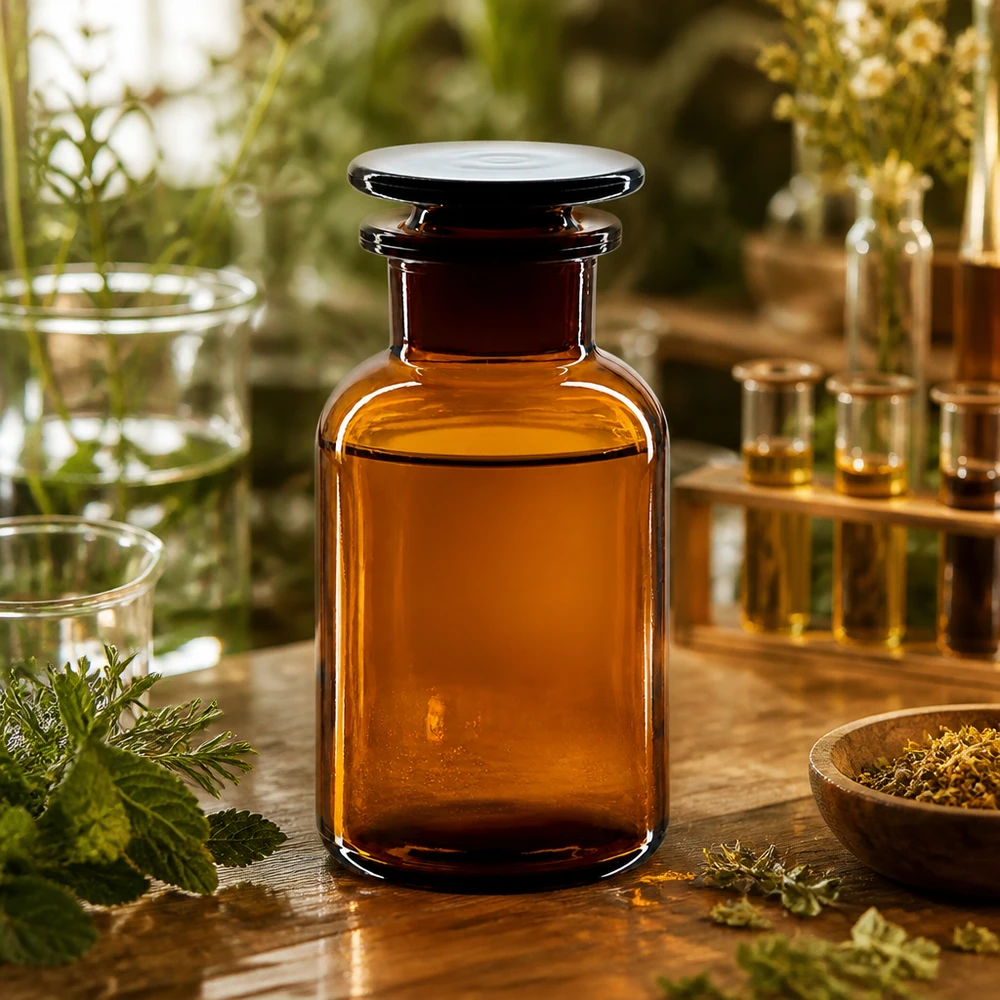 Bouteille en verre brun de 250 ml à col large, munie d'un bouchon plat en verre, posée sur une table en bois garnie d'herbes aromatiques