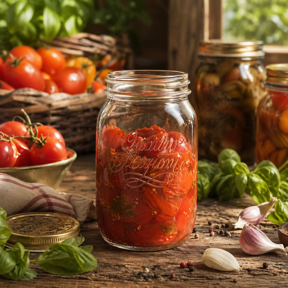 1000ml Quattro Stagioni Bocal ménager rempli de sauce tomate sur table en bois avec tomates fraîches et basilic