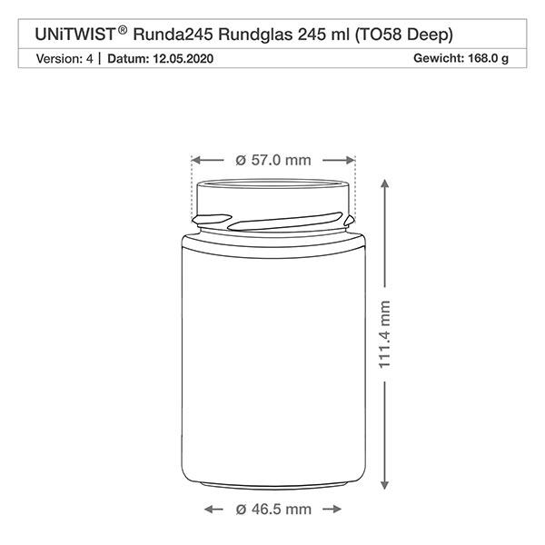 UNiTWIST Runda245 verre rond 245ml TO58 Deep dessin technique avec dimensions 57mm diamètre 111,4mm hauteur 168g