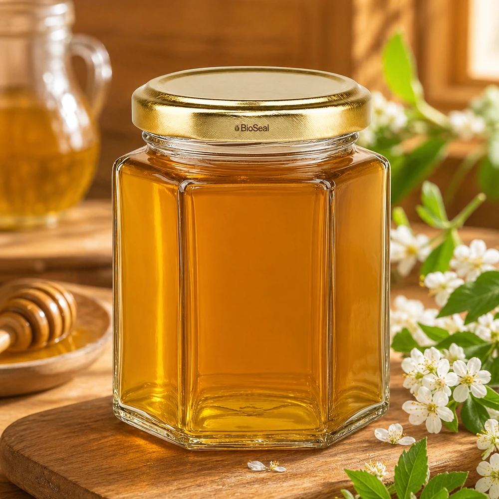 UNiTWIST Hexa196 Pot de miel avec couvercle TO58 BioSeal doré à côté d'un rayon de miel et d'une branche fleurie sur une table en bois