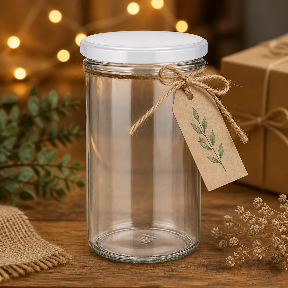 Pot vide de 277 ml avec couvercle blanc, décoré avec un pendentif en papier kraft et un ruban de jute.