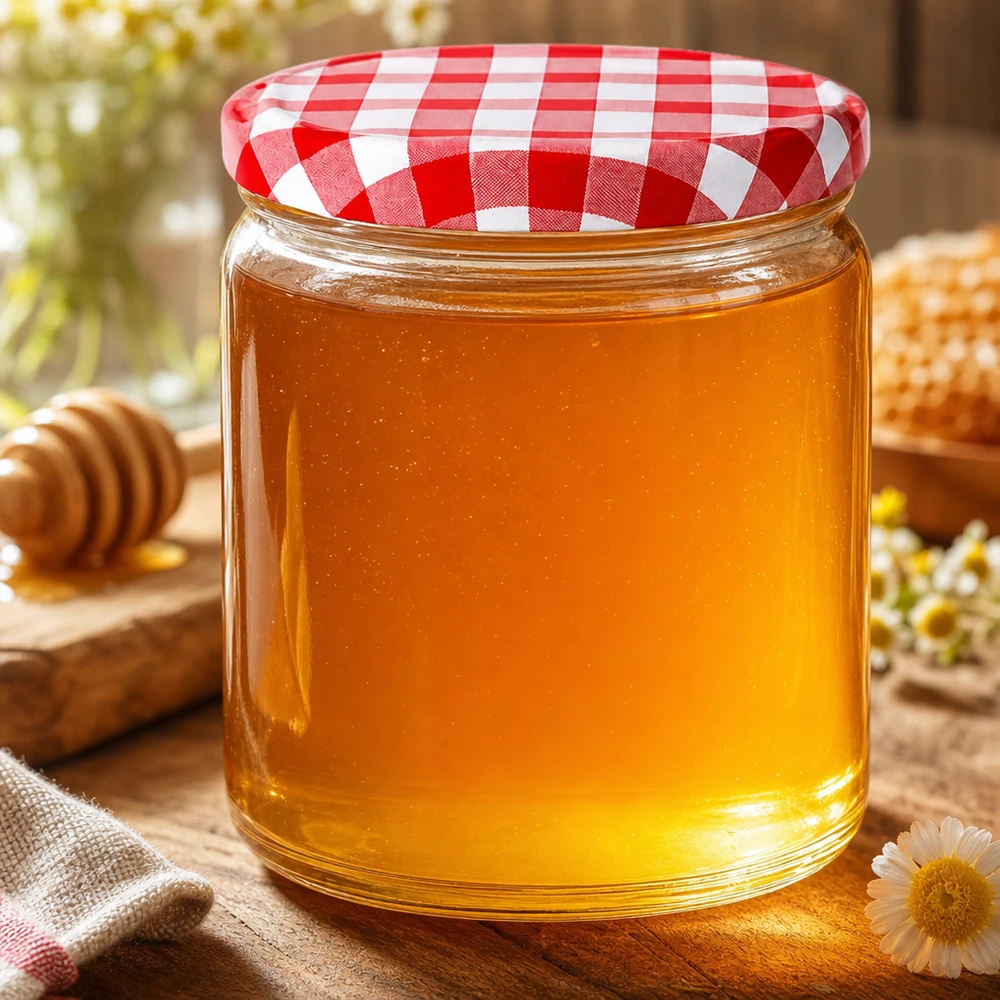 408ml pot rond rempli de miel BasicSeal couvercle rouge blanc à carreaux pot à miel apiculture produit naturel cuisine