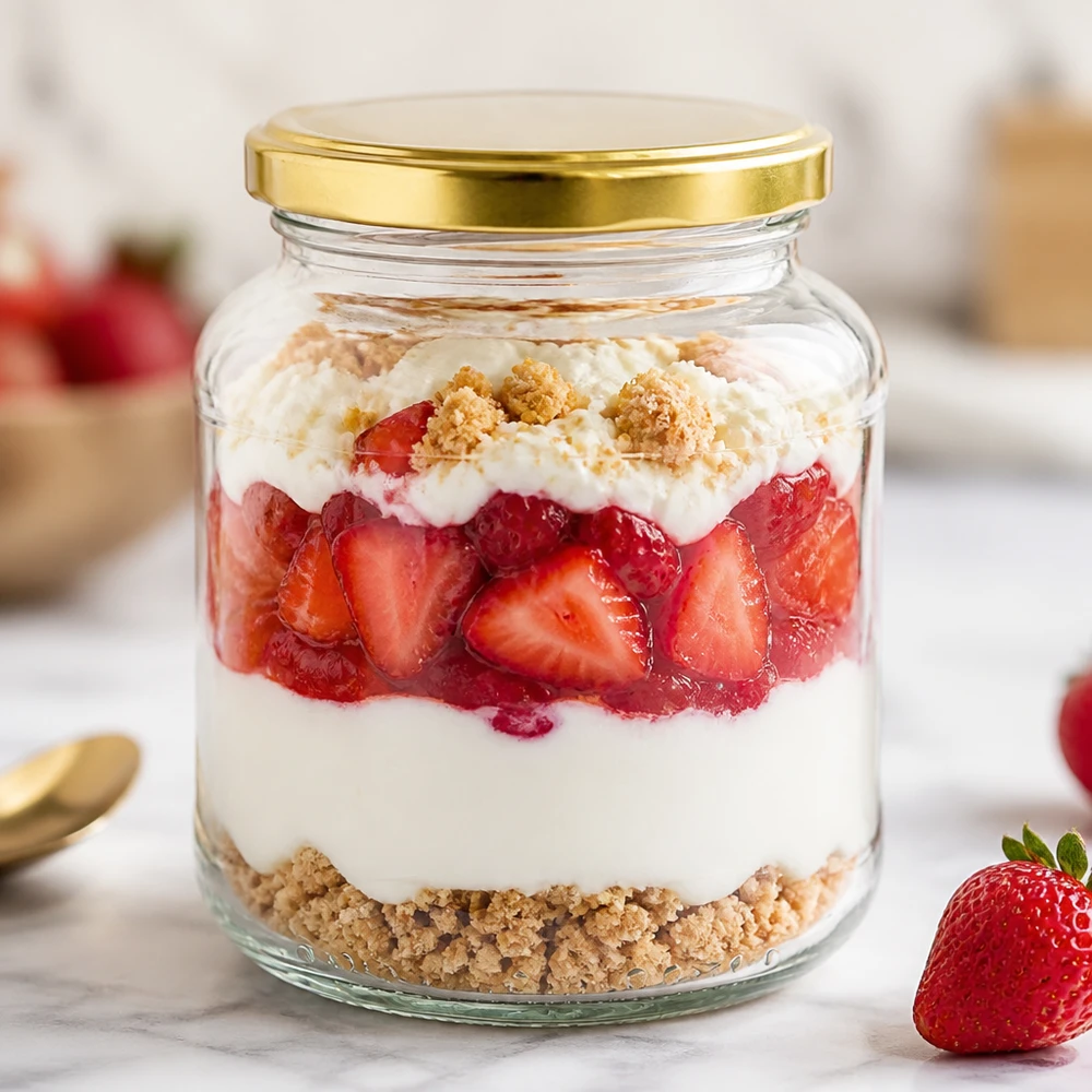 370ml Verre ovale avec couvercle BasicSeal or UNiTWIST Verre ovale de 370 ml avec couvercle doré BasicSeal UNiTWIST rempli de dessert à la fraise en pot de réserve