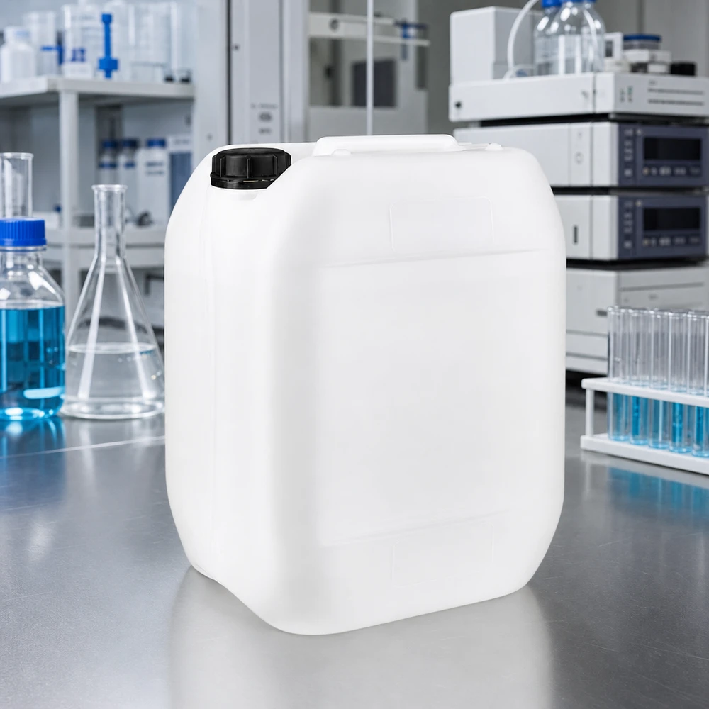 Jerrican de 10 litres avec bouchon à vis Bidon rectangulaire de 10 L en polyéthylène blanc avec bouchon noir sur une finition en acier inoxydable